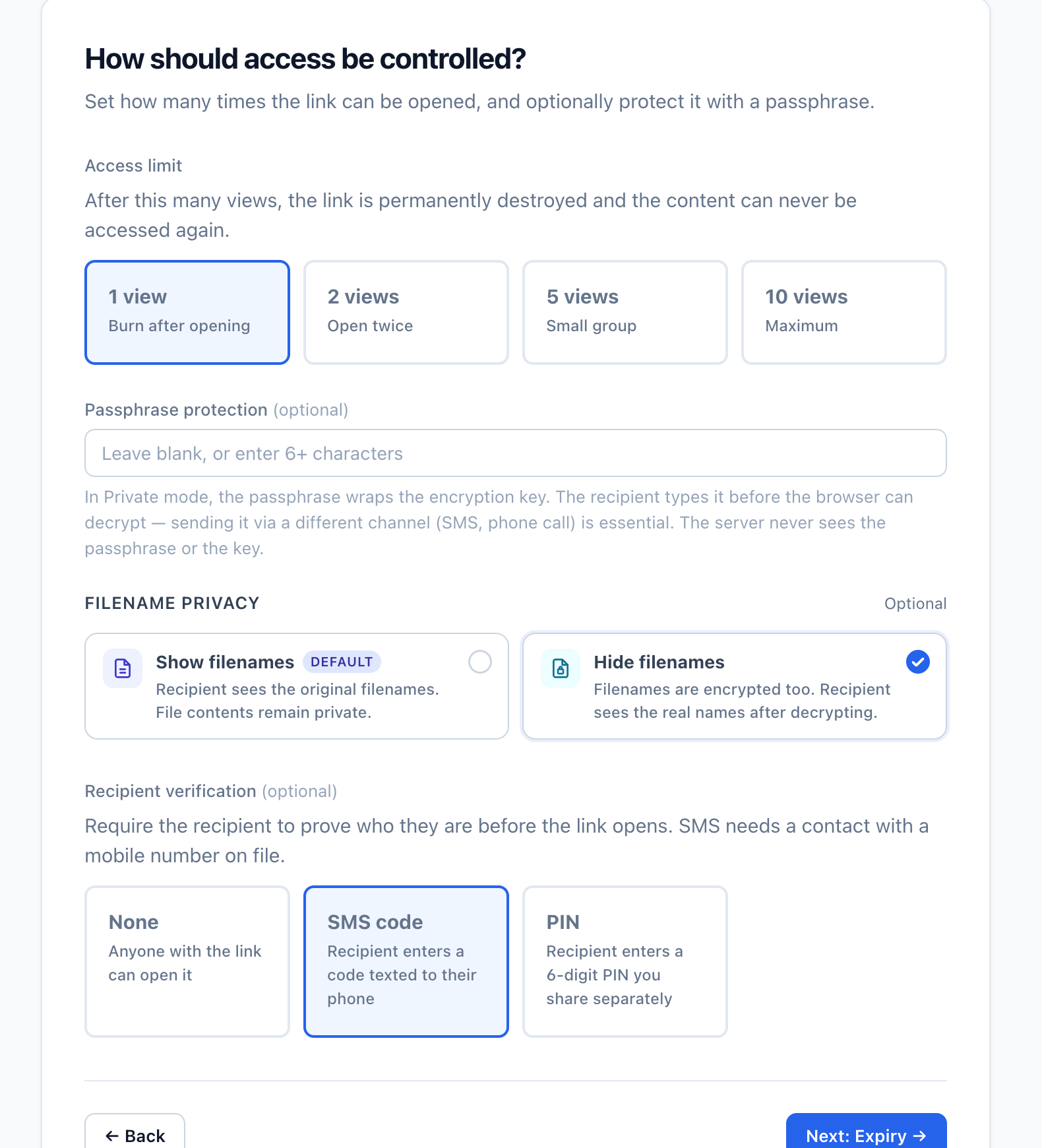 Vukorix Secure Share controls for expiry, view limits and optional recipient access checks